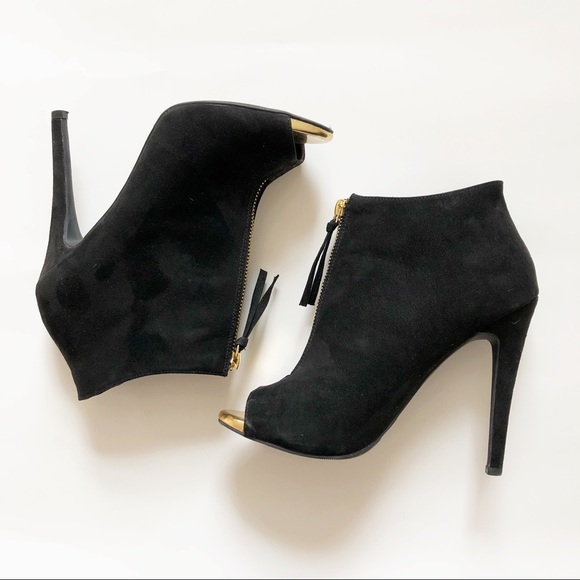 Shoes - Open Toe Booties with Gold Detail